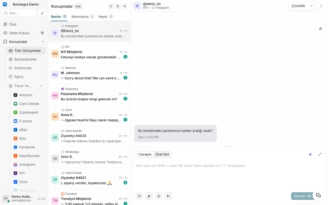 CRM gelen kutusu — WhatsApp, e-posta ve pazaryeri soruları tek ekranda