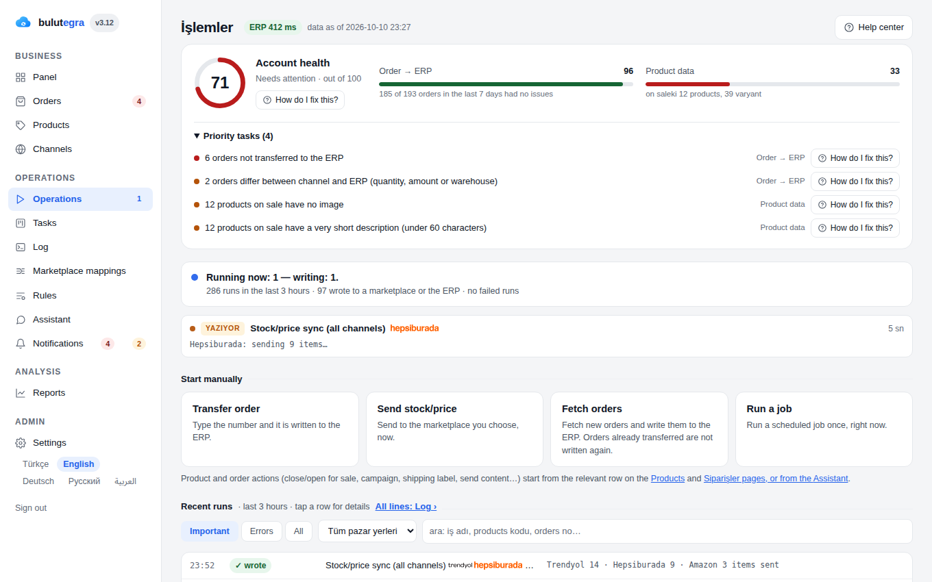 Operations: account health, running jobs and recent runs on one screen