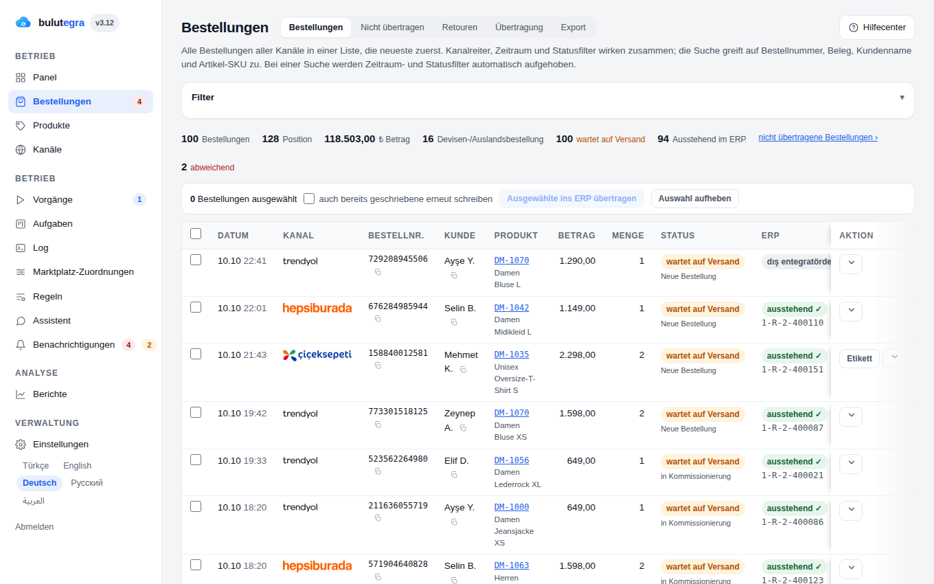 Bestellungen: Kanalreiter, Filter, CSV