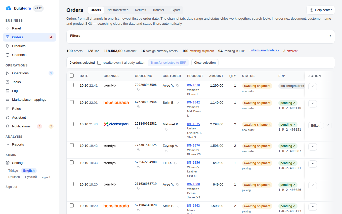 Orders: channel tabs, filters, CSV